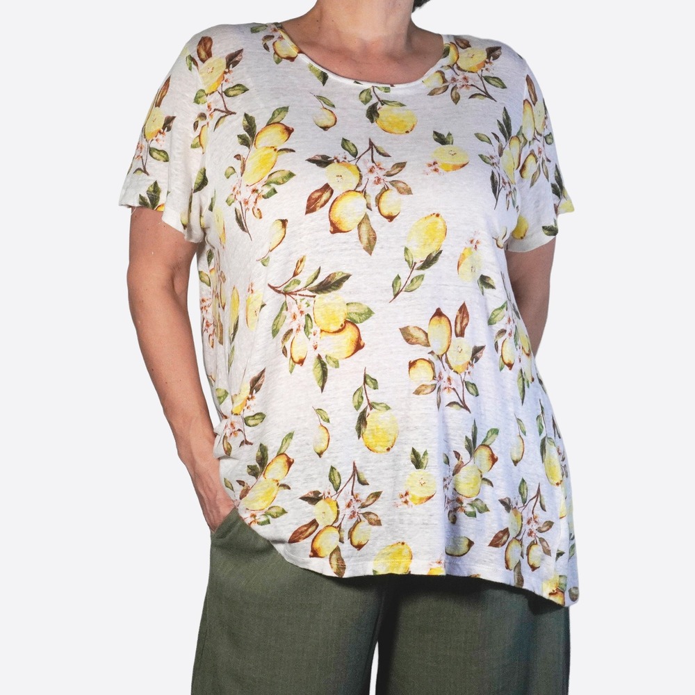 Cynthia Rowley 100% Linen Lemon Print Top White Button Back Plus 1X 2X Coastal